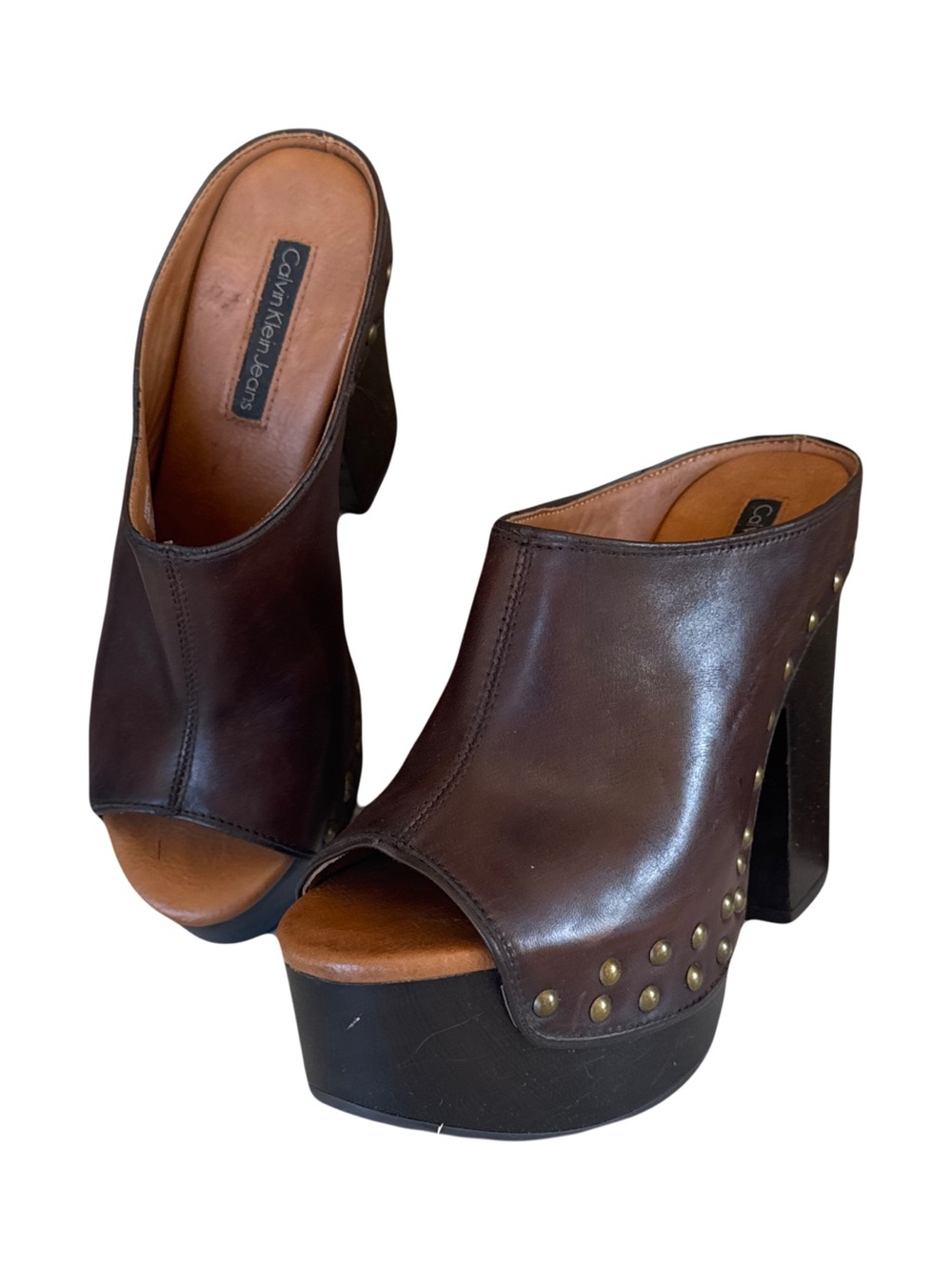 Calvin Klein Brown Leather Platform Mules 7.5